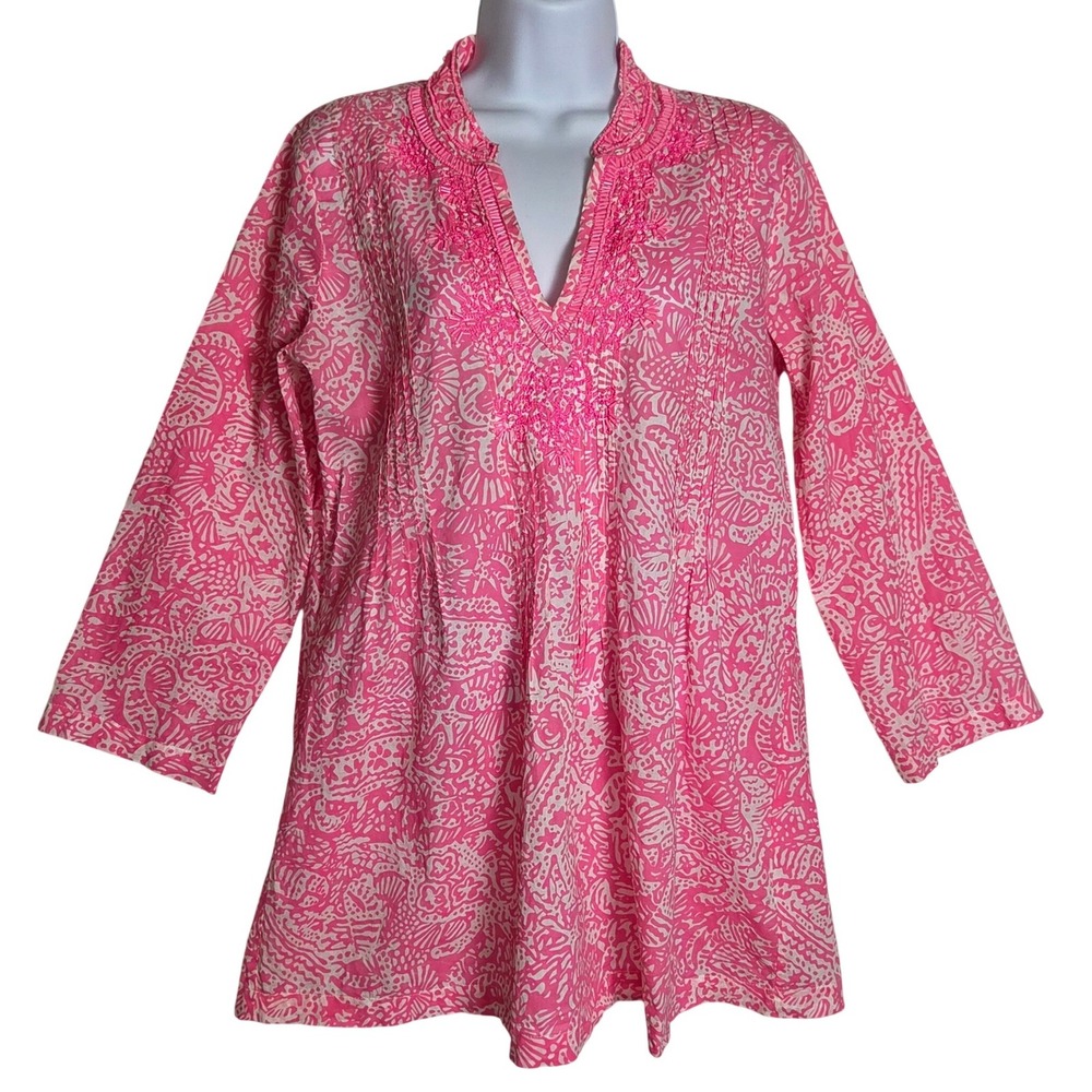Lilly Pulitzer Pink Seashell Print Beaded Tunic Top Small 100% Cotton Preppy